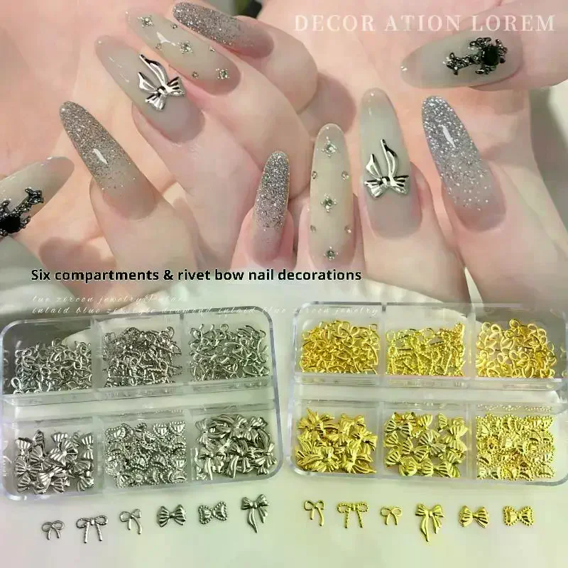 6 rejillas de lazo de Metal para uñas, hoja fina de lentejuelas, diamantes de imitación, decoración artística de uñas dorada y plateada para manicura DIY