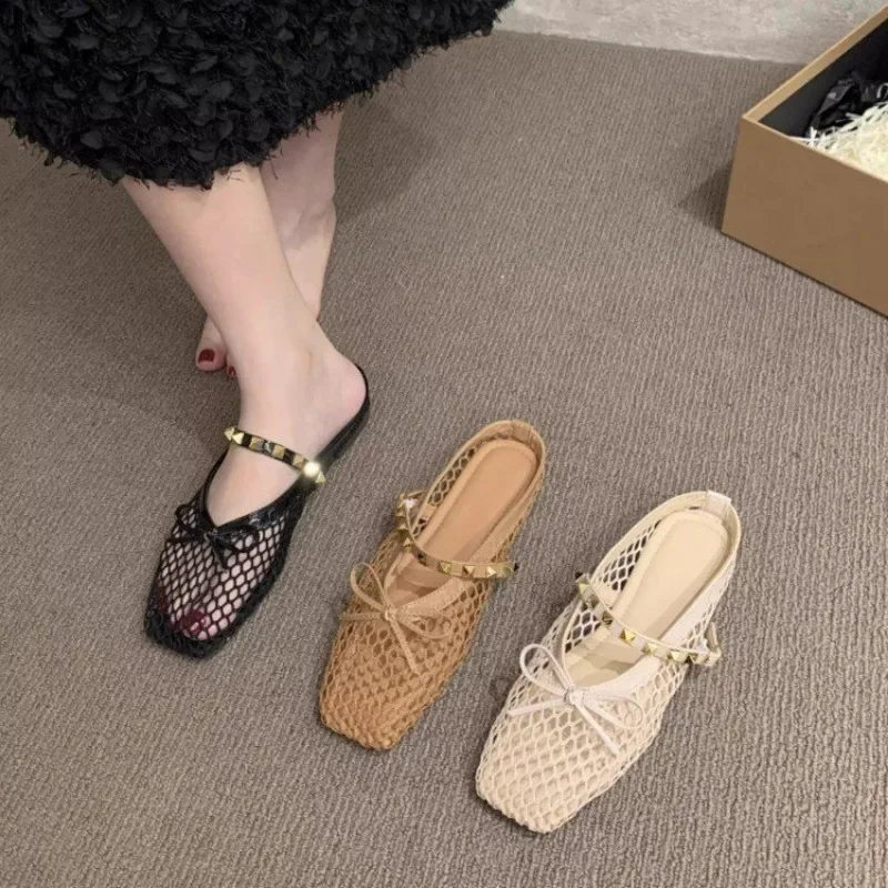 

2025 Hot Seller New Rivet Straightened Hollow Head Half Slippers for Women in Summer, One Step Breathable Fishing Net Shoes