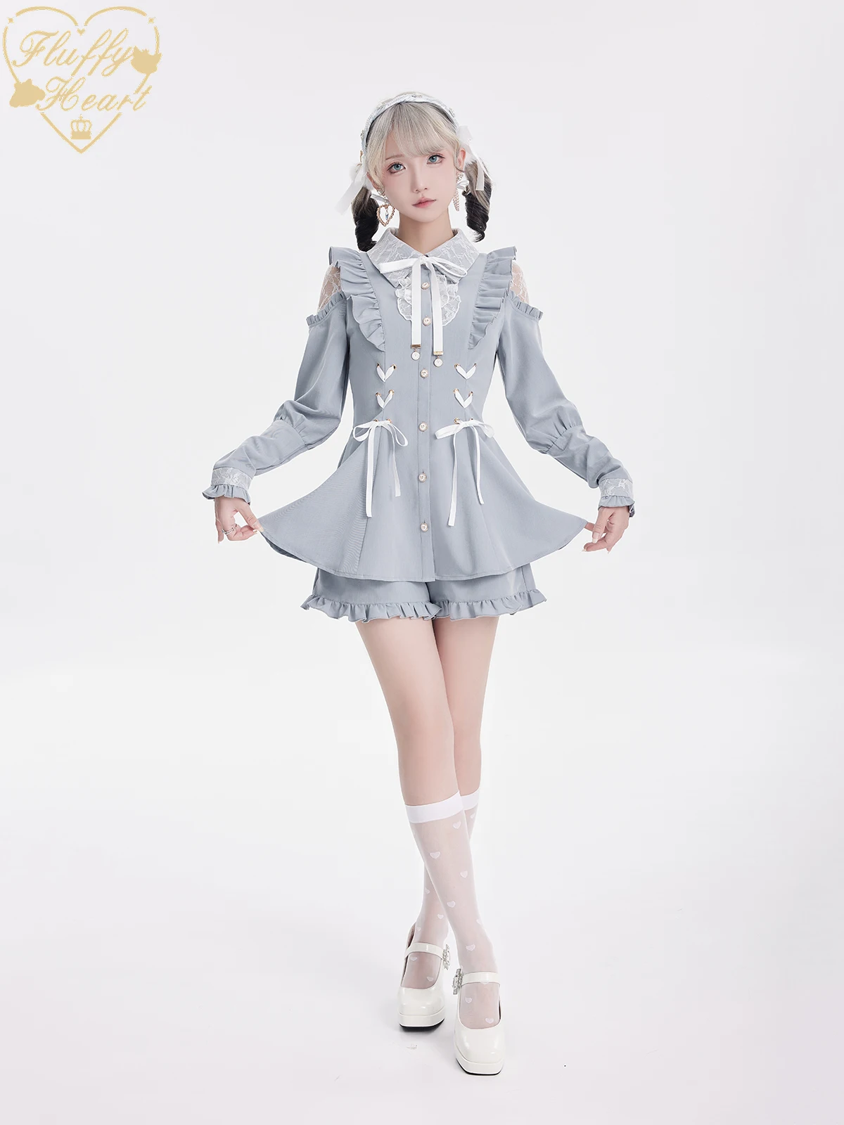 Sweet Cute Girl Lolita Suit Fluffy Heart Lace Splicing Long Sleeve Single-breasted Shirts High Waist Shorts Two-piece Sets Women