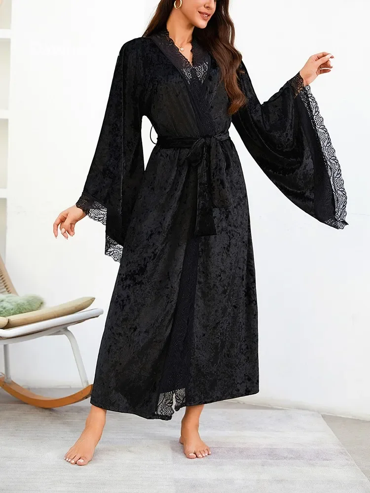

Dawnloom Women's Velvet Lace Long Nightgown with Adjustable Straps And Flared Sleeves Regal Style Sexy Home Wear