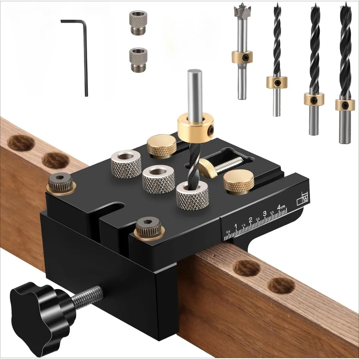 

Combinatorial 3-in-1 Self-Centering Dowel Jig Kit W/ 6/8/10/12mm Drill Guide, Precise Dowel Hole Locator Woodworking Joint Tool