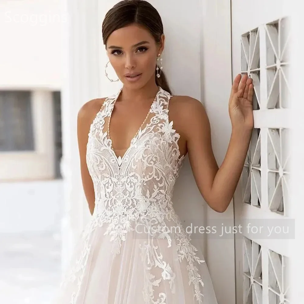 Scoggins  فساتين سهرة Customize Evening Dress A-Line Dubai Luxury V-Neck Floor-Length Zipper Up Lace Wedding Dress Cocktail Dres