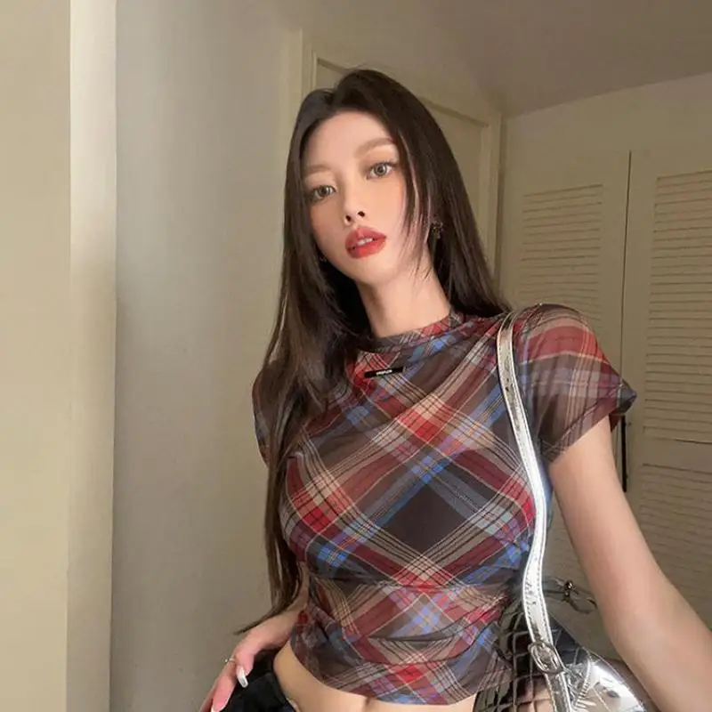 Genayooa Y2k Vintage Mesh Tops Short Sleeve See Through Plaid T Shirt Women Streetwear 2000s Japanese Fariycore Tee Tops Summer