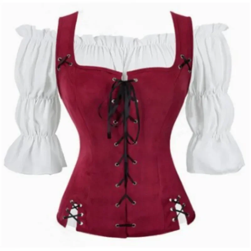 Disfraz de pirata Steampunk gótico para mujer, chaleco con corsé de talla grande, blusa Medieval con hombros descubiertos, Tops, conjuntos de 2 piezas, chaleco renacentista