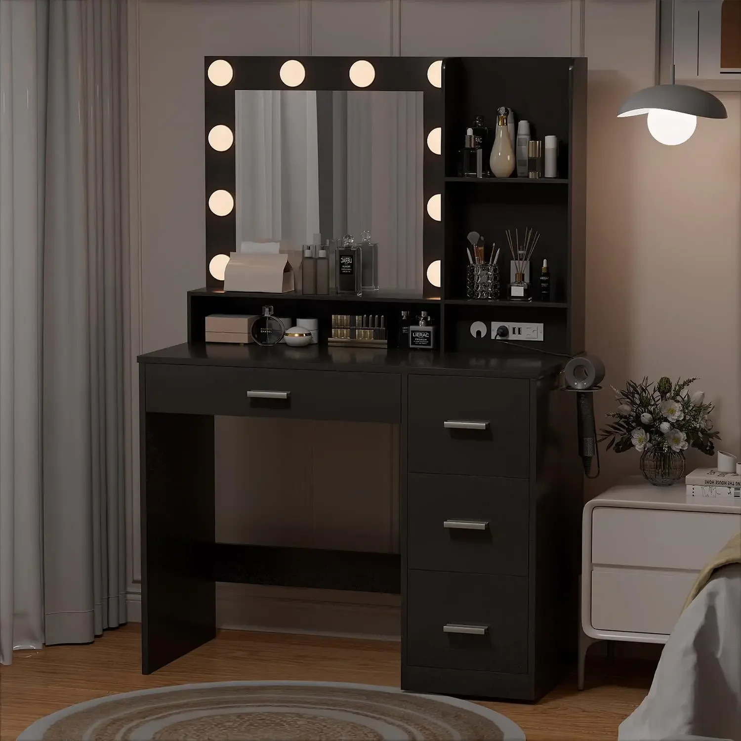 Vanity Desk with Mirror, Power Outlet and 10 Lights, Makeup Table with 4 Drawers, 3 Color Modes Available for Bedroom, B