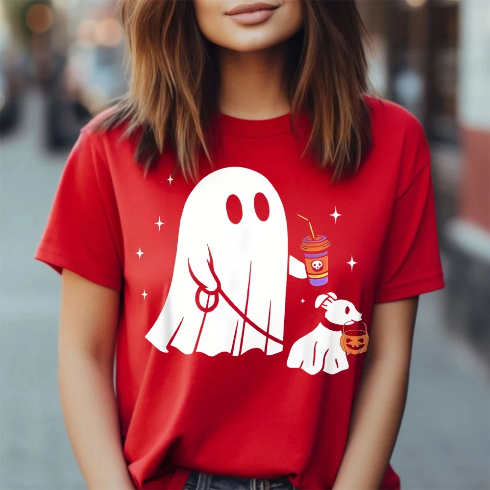 T-shirts graphiques imprimés fantôme et chien Halloween, en coton doux et respirant pour femmes, à la mode, col rond, manches courtes, haut décontracté, été