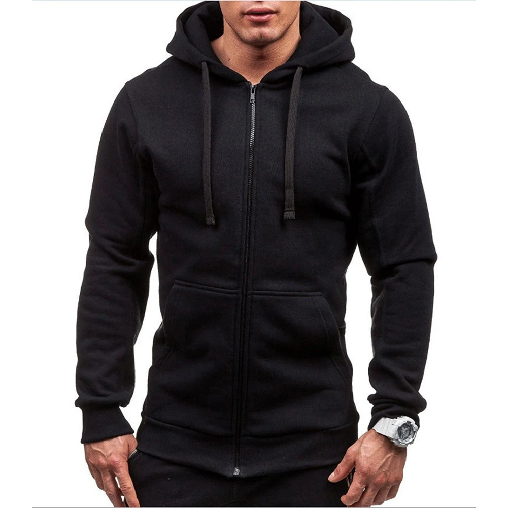 Men Hoodie Zipper Jacket Featuring Long Sleeve and Hooded Neckline Solid Color Casual Coat for Fitness Sports Activities