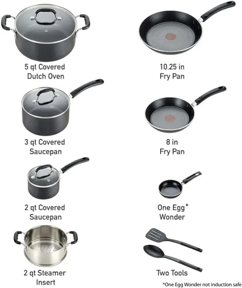 T-fal 12-Piece Nonstick Cookware Set, Induction & Oven Safe to 350°F, Includes Fry Pans, Saucepan, Stockpot, Utensils, Black