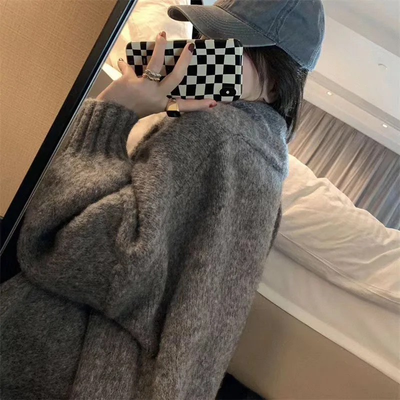 Autumn Winter Thicken Warm Women Cardigan Sweater Korean Lazy Wind Soft All Match Cardigans Tops Solid Loose Knitted Coats