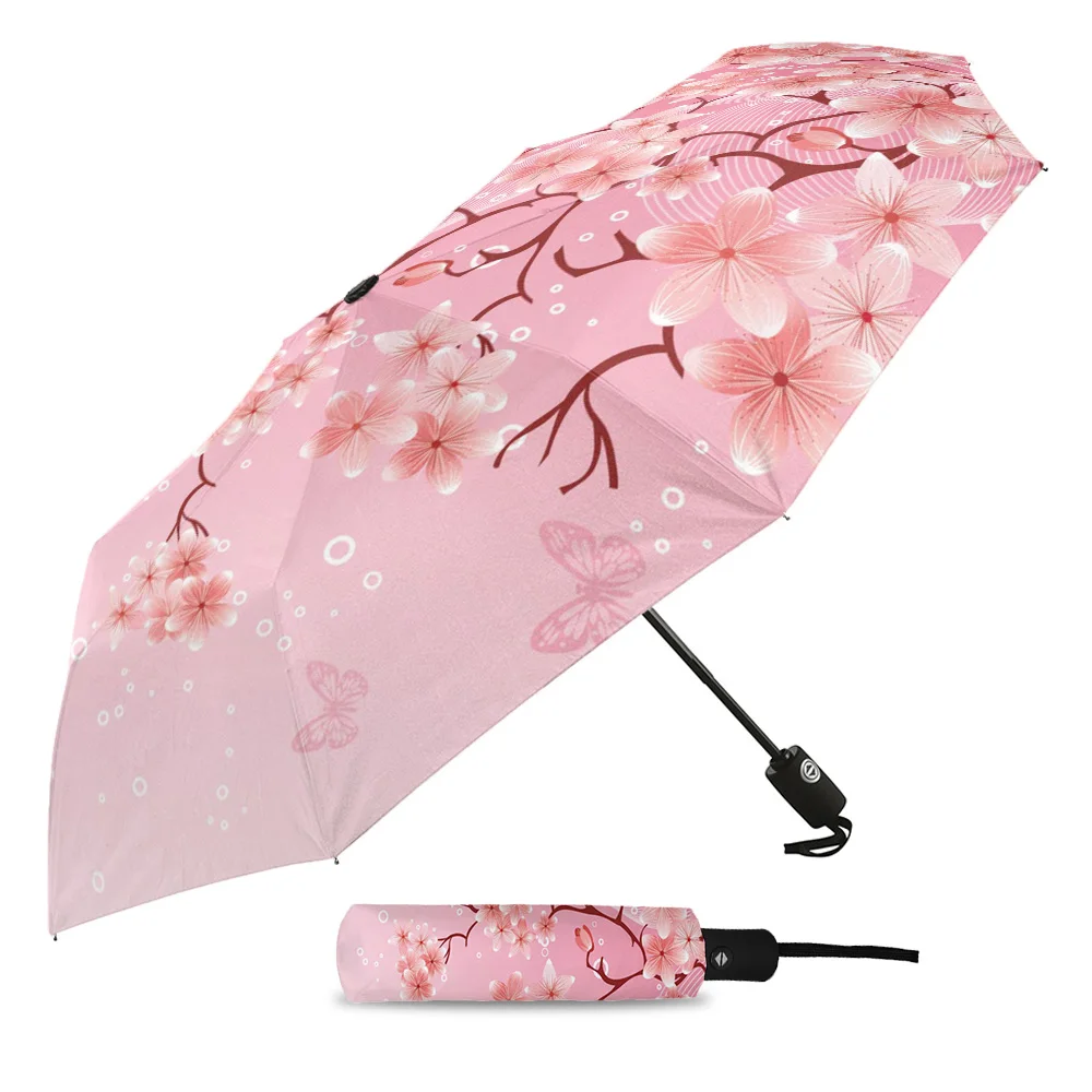 Pink Cherry Blossom Flowers Butterfly Creative Umbrella Rain Women Automatic Three Folding Umbrellas Windproof Parasol Parapluie