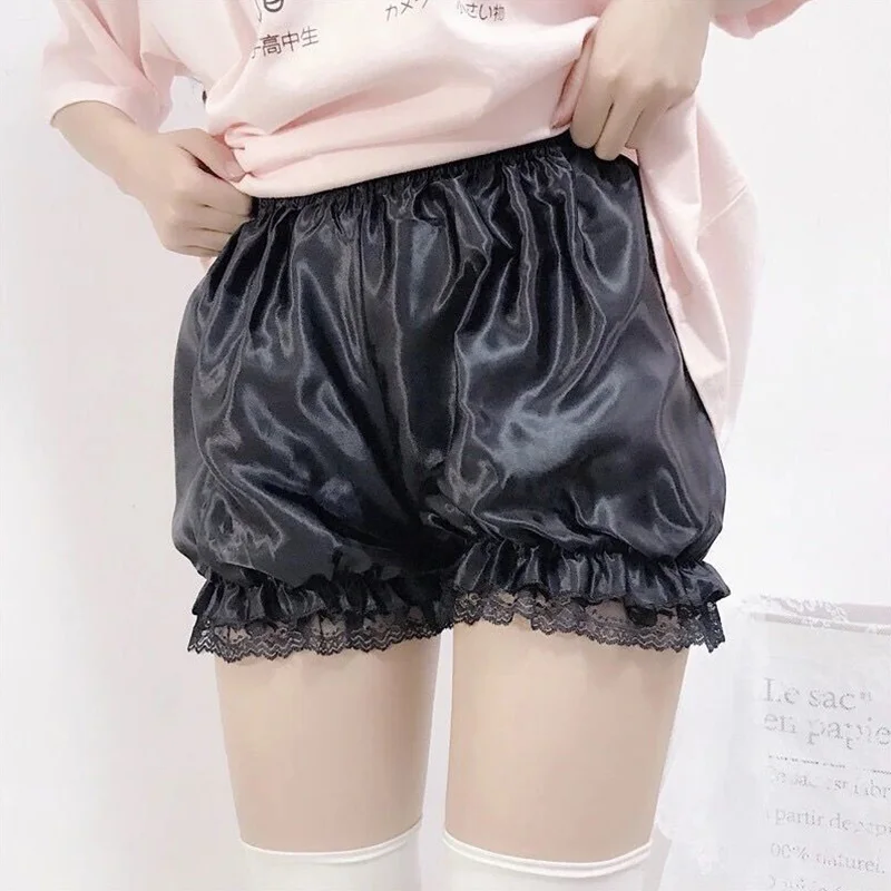 Women Lace Short Panties Imitation Silk Ruffle Bloomers Anti Exposure Safety Pants Lolita Satin Knickers Shorts Dress Pettipant