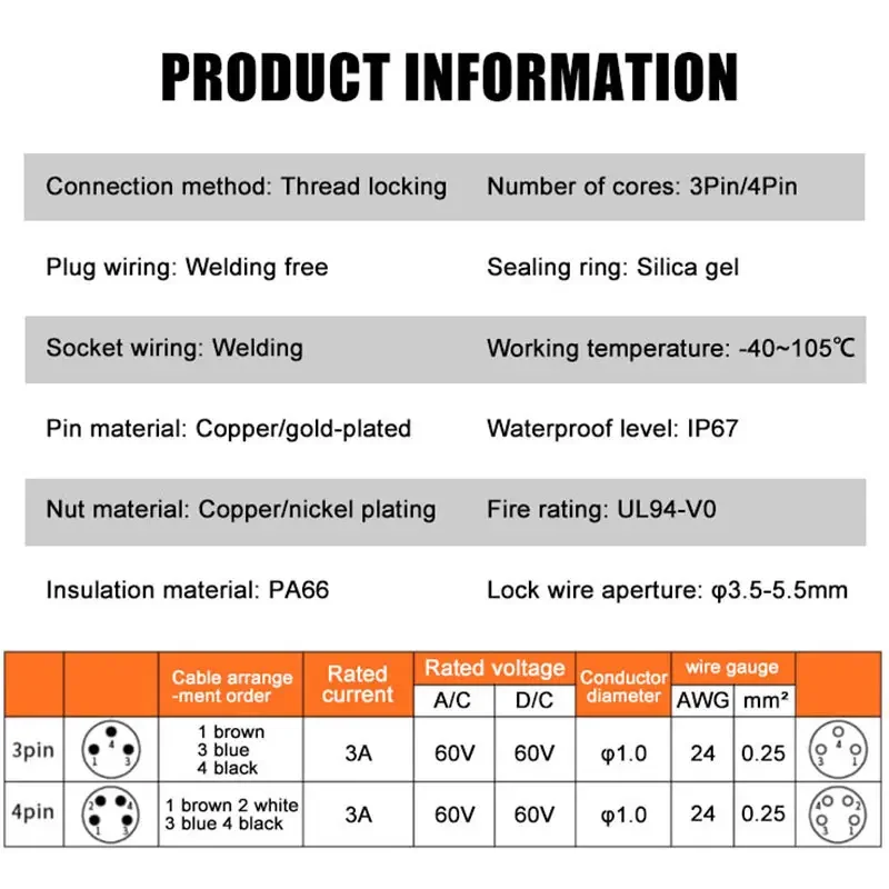 M8 Sensor Waterproof Male Female Connector IP67 3Pin 4Pin Aviation Plug 3.5-5.5mm 60V 3A UL-94-V0 Straight Angle Screw Threaded