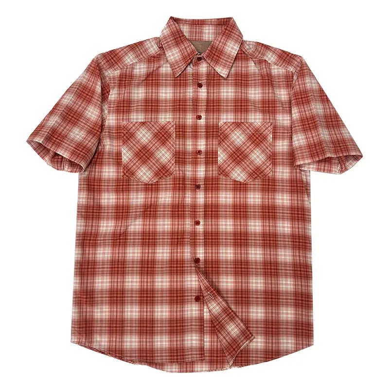 EBAIHUI Solid Color Checkered Design Men's Short Sleeved Shirt Japanese Vintage Versatile Male Blouse Summer Loose Casual Top