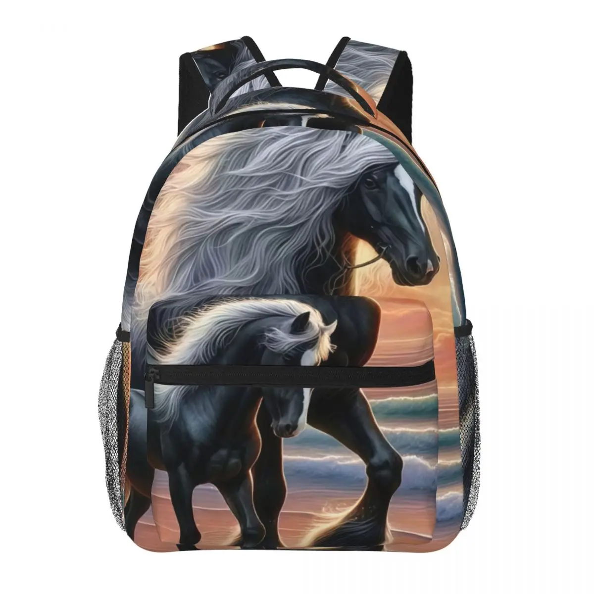 Gothic School Backpack Center Black Horse Foal Beach Moon Fantasy Wildlife Black Orange Blue Pi Edgy Daypack for School Work Men