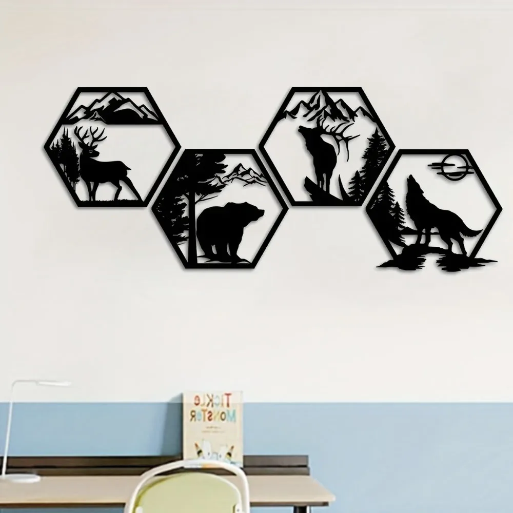 

Crafts 4pcs Decor Frames Elk Deer Wolf Bear Hexagonal Metal Wall Sculpture Leaked Black, Rustic Forest Decor Wilderness Decor