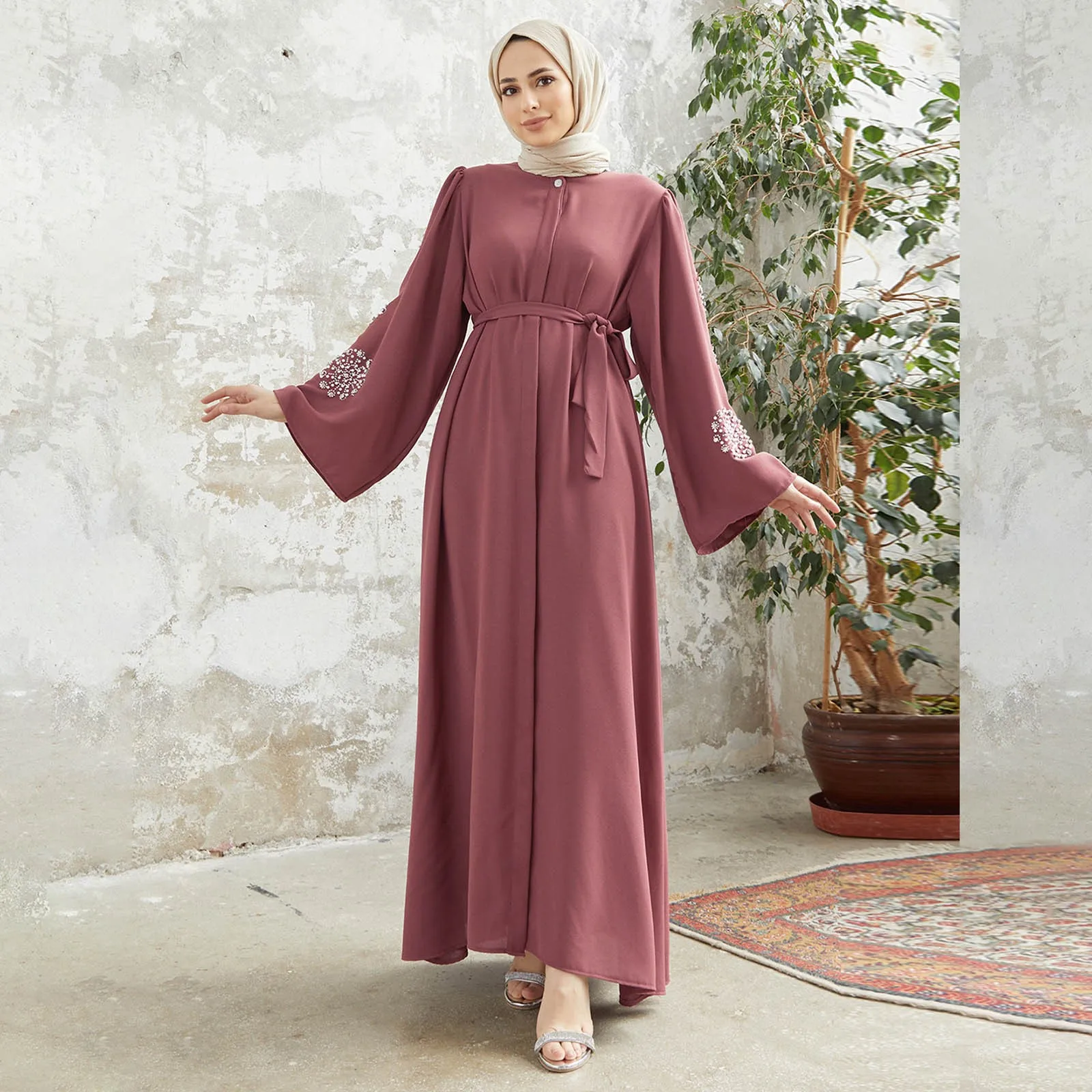 

Muslim Heavy Industry Beading Ironing Dress Solid Color Loose Fit Comfortable Dresses Belt Long Sleeve Button Dress Women