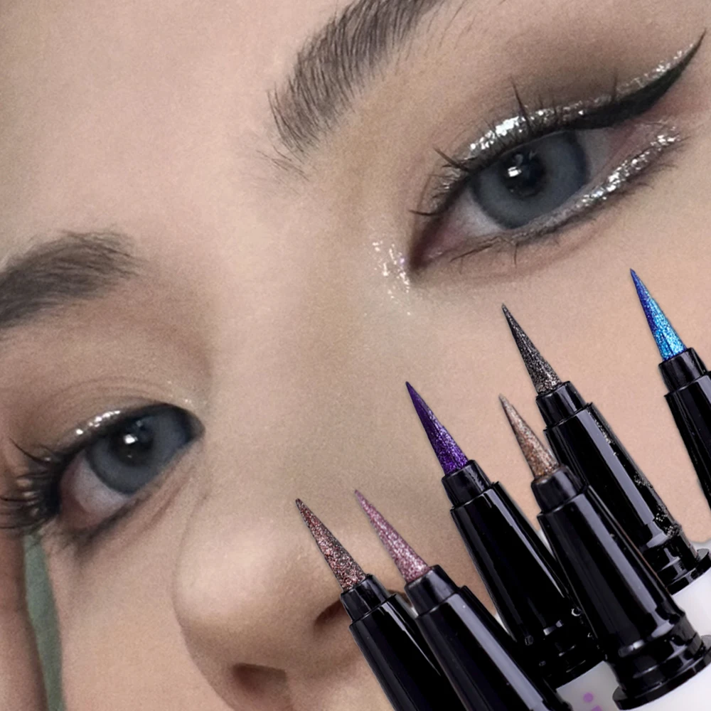 6 Farben dünner, perlmuttartiger Eyeliner-Flüssigkeitsstift, 3-in-1, glänzender Seidenraupen-Lidschattenstift, langlebig, glatt, glitzernd,