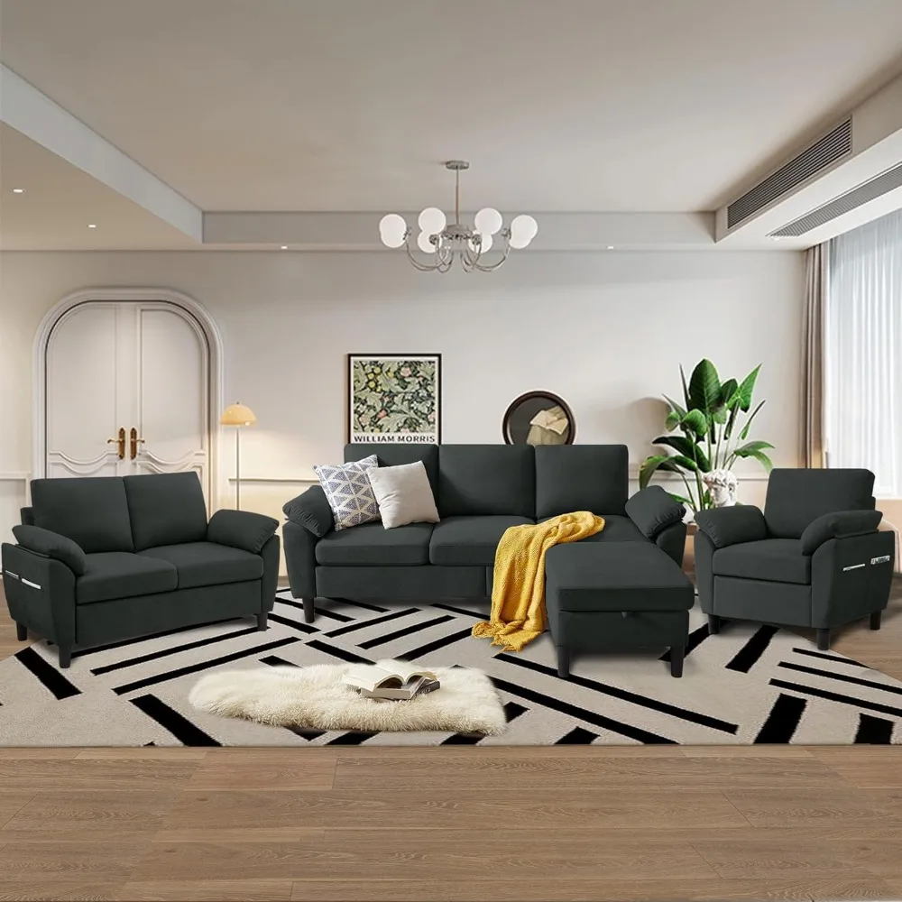 

modern linen 4-piece l-shaped sectional sofa set with reversible chaise, 3-seater and loveseat