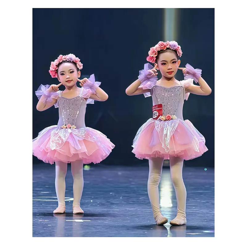 子供用パフォーマンス衣装女の子用パフスカートスパンコール付きプリンセスドレスバレエスタイルドレス幼稚園ダンスパフォーマンス衣装