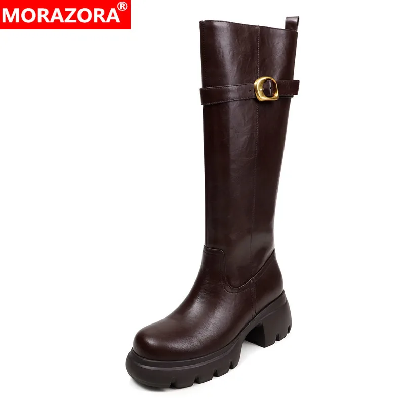 MORAZORA Size 34-41 Genuine Leather Knee High Boots Square High Heels Platform Knight Boots Fashion Long Boots