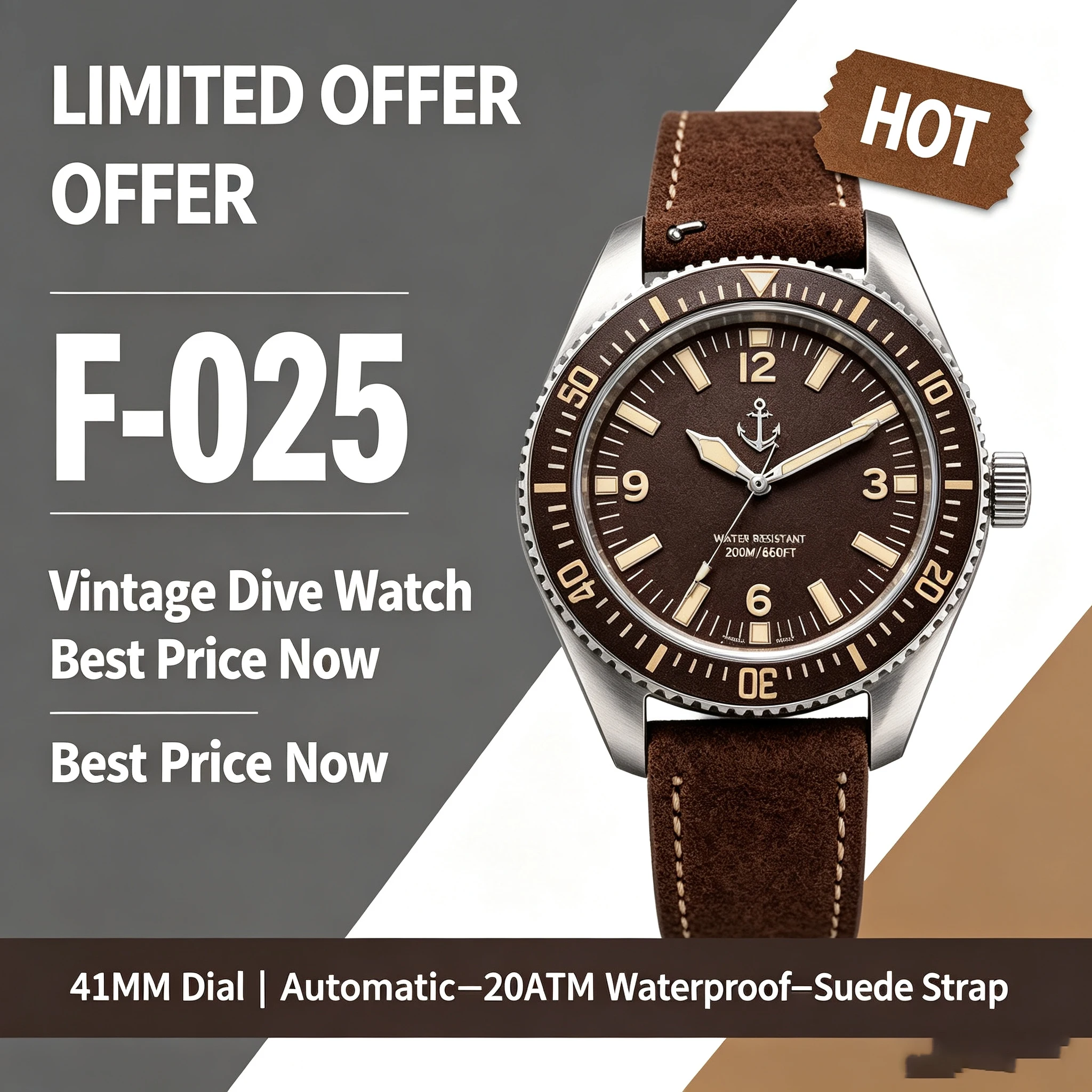 Hruodland F-025 Vintage Taucheruhr Automatik 20ATM Wasserdicht C3 Leuchtend Wildlederarmband Herren Mechanische Armbanduhr