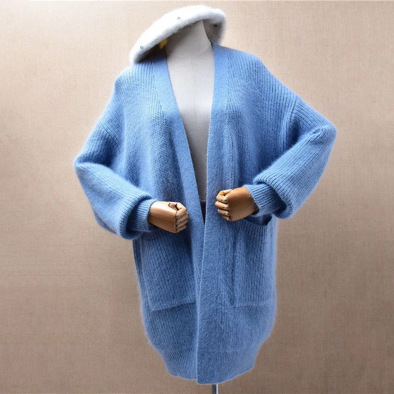 

Женский осенне-зимний вязаный длинный свитер из волосатого ангорского кролика с длинными рукавами, кардиганы из меха норки, мантия, куртка, тянуть