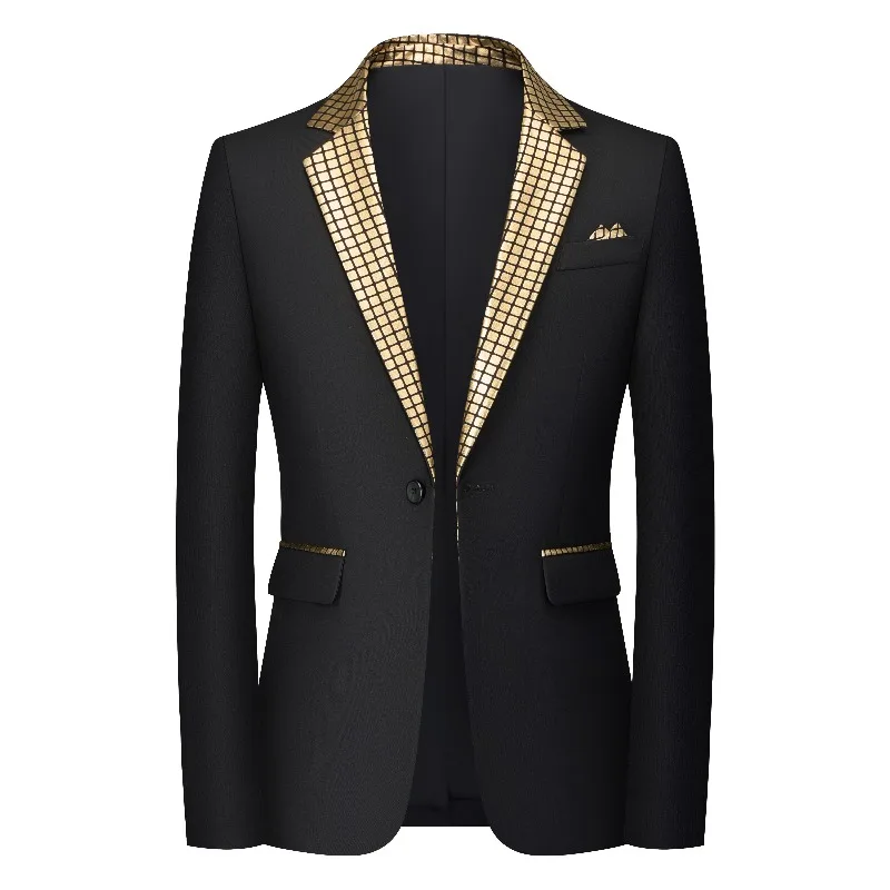 

Мужской черный блейзер с золотистой клетчатой отделкой на лацканах, приталенный, на одной пуговице, для вечеринок и свадеб