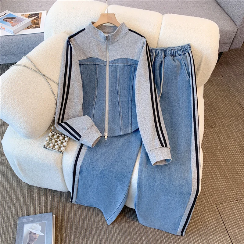 2024 New Spring Women Fashion Casual denim Striped Straight Leg Pants Loose Long Sleeves Zipper Stand Collar Jackets Outerwear