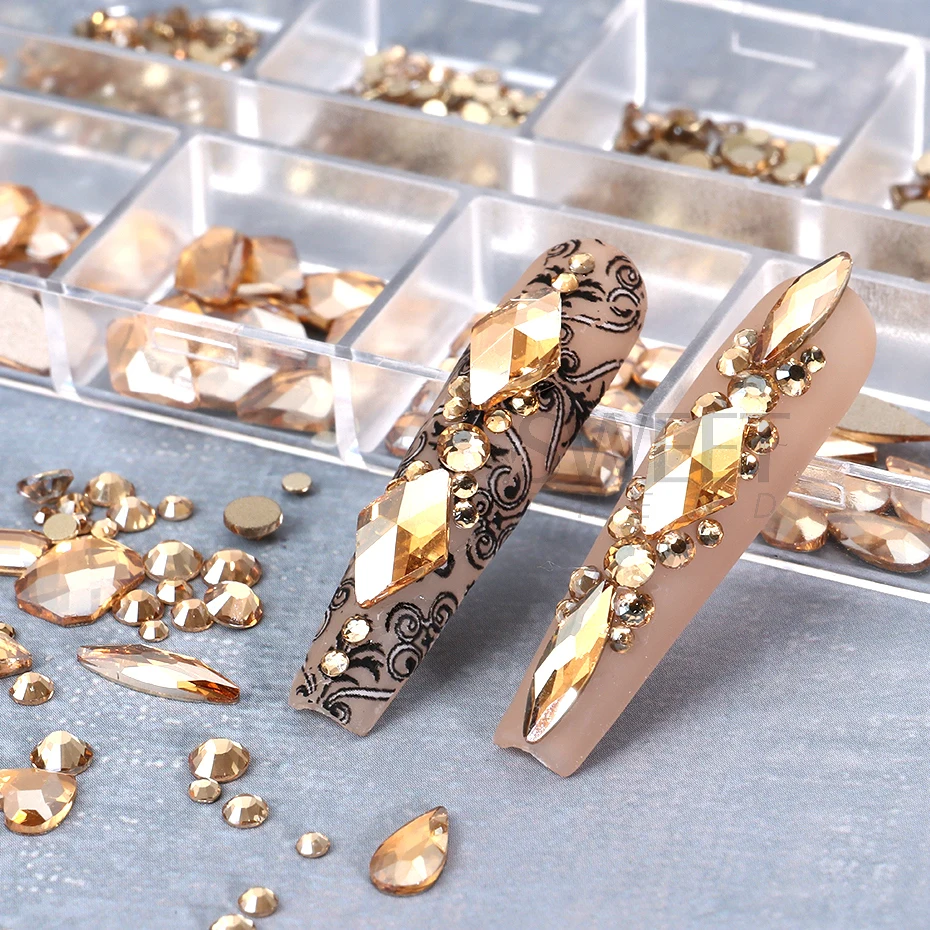 Strass champanhe para unhas, pedras misturadas com parte traseira lisa, cristal irregular, amuletos 3d, joias, acessórios de diamante brilhante, peças de decoração