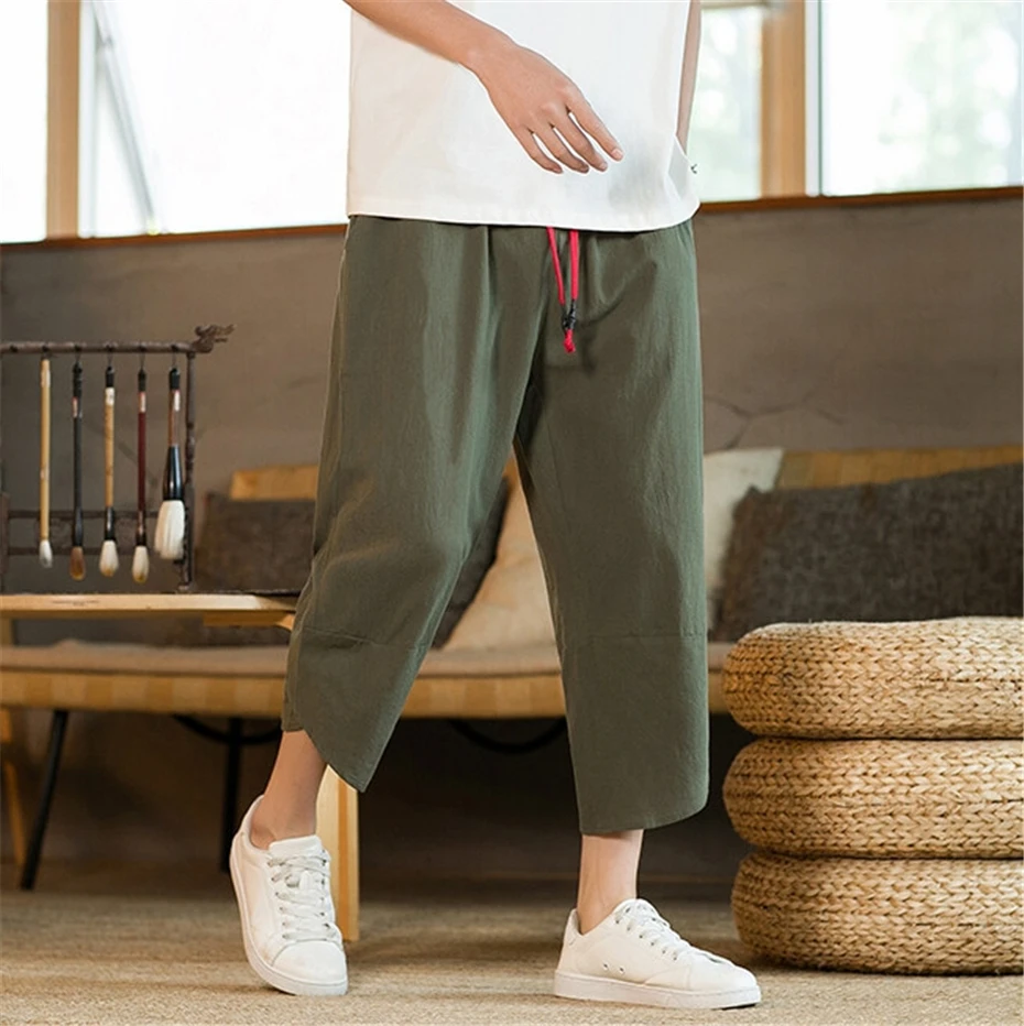 Large Size Harem Pants Men Harajuku Summer Thin Cotton Linen Pencil Pant Vintage Elastic Waist Calf Length Pants Male