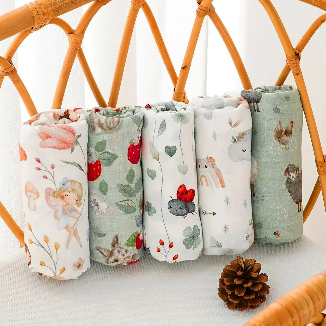 HappyFlute New One Piece Digital Print  Bamboo Cotton 2 Layers Super Soft Muslin Swaddle High Quality Wrap For Newborn Blanket