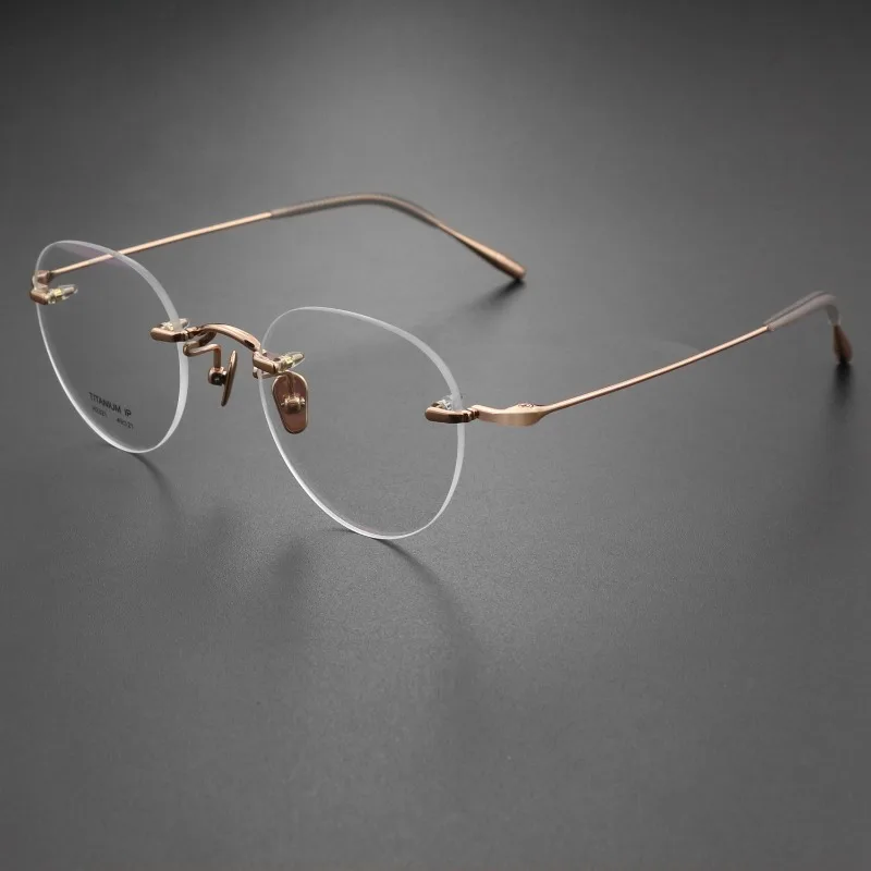 New Frame Pure Titanium Frameless Women's Frame Rose Gold Retro Student Can Be Equipped with Myopia Anti-blue Light Glasses