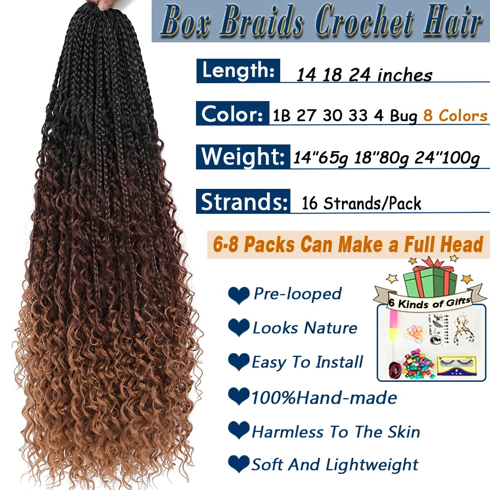 Goddess Bohemian Box Braids Crochet Hair 14 18 24 Inch 1- 8 Packs Crochet Box Braids Synthetic Braids Hair Extensions for Women