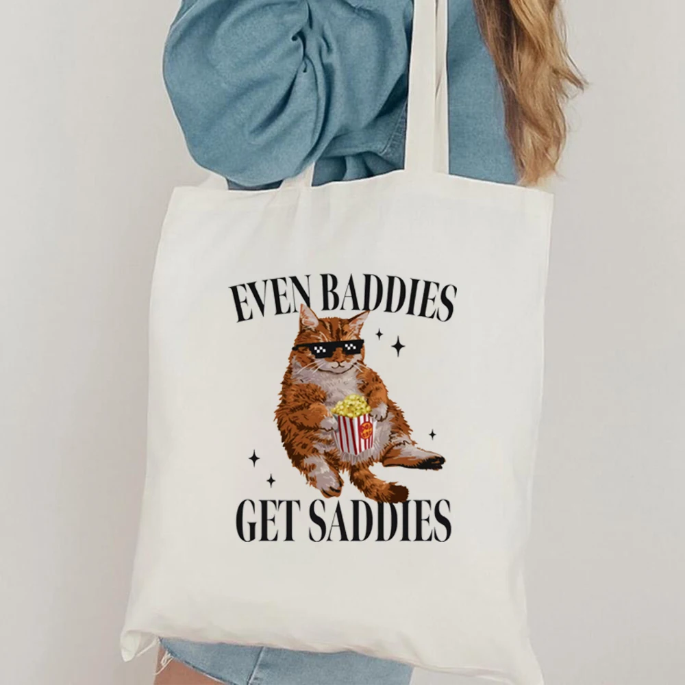 Even Baddies Get Saddies Funny Cat Meme tote bag Weirdcore Ironic Merch andise That Go Hard Mental Health Shoulder Bag