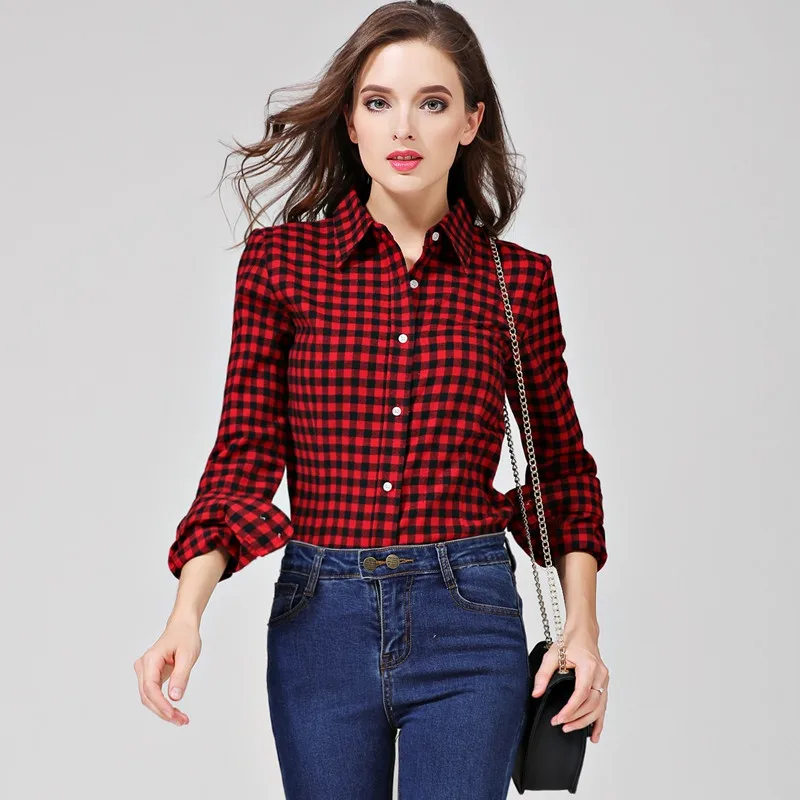 2023 New Fine Cotton Plaid Shirt Female College Style Women\'s Blouses Long Sleeve Flannel Shirt Blusas Lady Elegant Tops Clothes