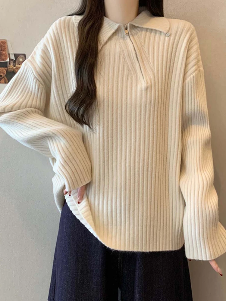

Spring 2026 Casual Sle Long Sve Knitted Sweater Women's Faion Turn-down Collar Slimming Base Layer Top School Travel D...