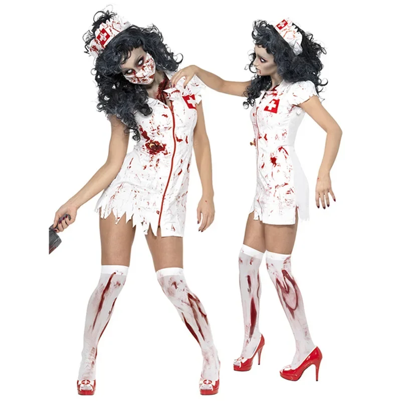 

Newest Adult Halloween Scary Zombie Nurse Costume Women Sexy Nurse White Dress Halloween Party Cosplay Spooky Splatter Costume