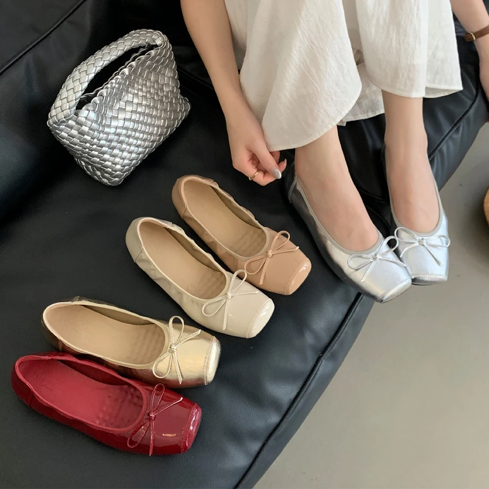 

Women's Flats Foldable Bowknot Square Toe Comfort Light Weight Comfort Slip on Dress Shoes Ballet Loafers