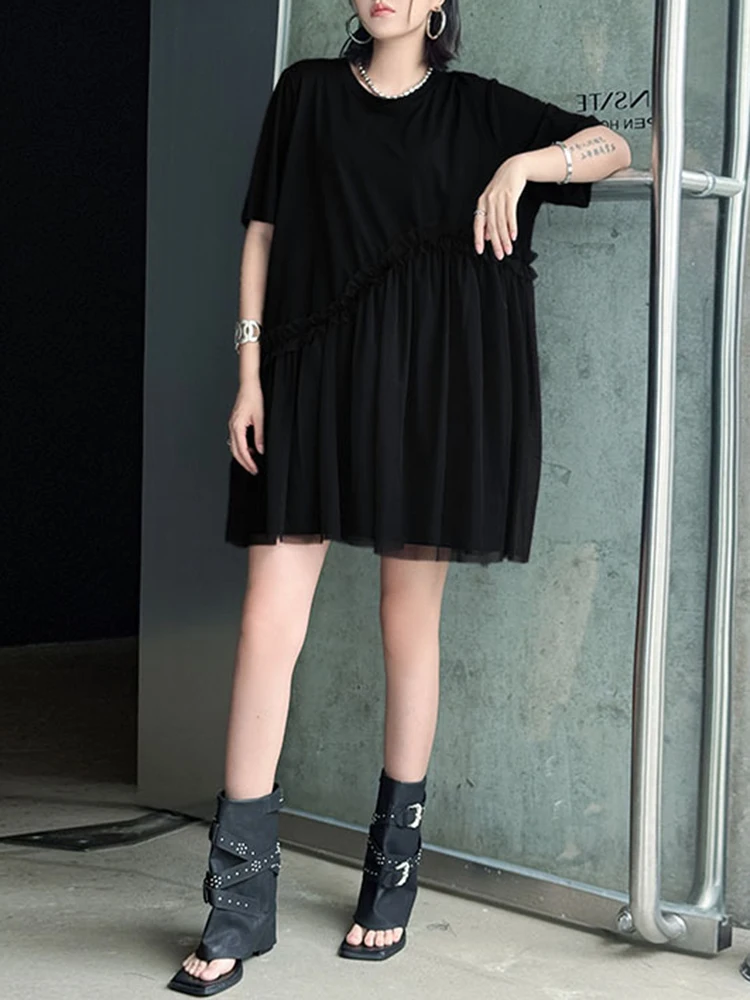 YERMORA 여성 그레이 불규칙한 스플 라이스 메쉬 캐주얼 티셔츠 드레스 라운드 넥 반팔 루즈 패션 조수 봄 여름 2025