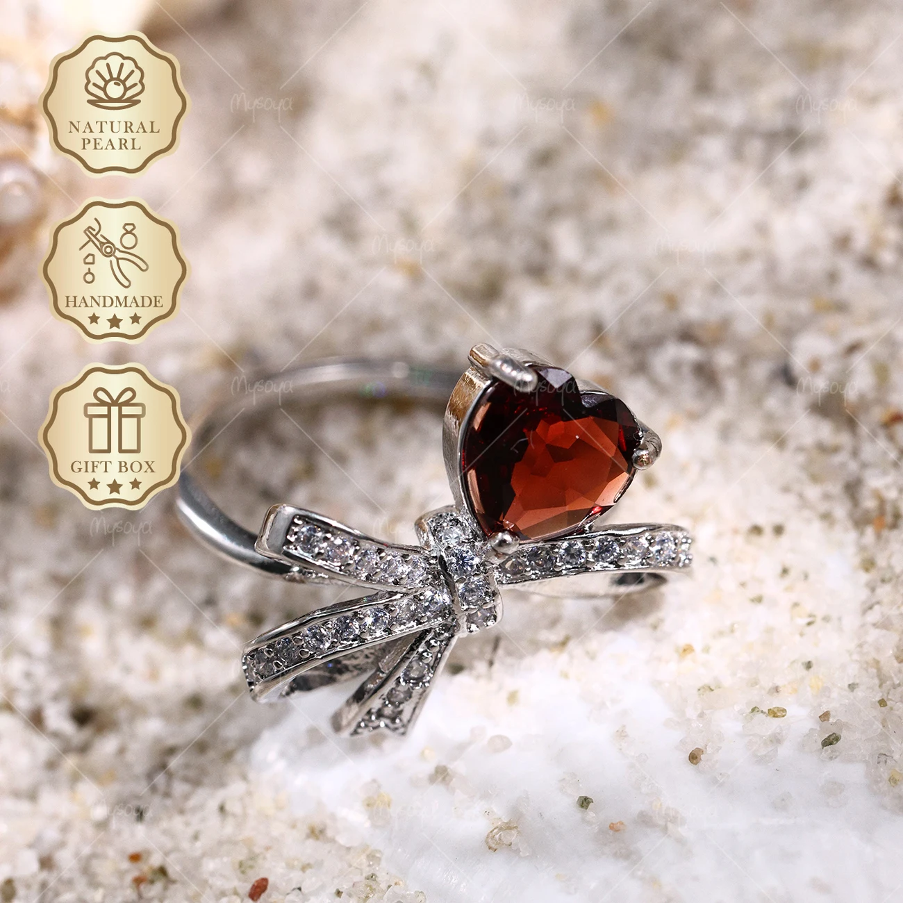MYSOYA Silver-Plated Bow Ring with Natural Heart Garnet, 8mm Garnet 1.49ct, Gift Box Included, January Birthstone SC39
