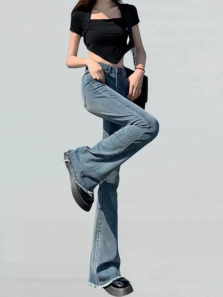 

Flare Jeans for Women Skinny Washed Vintage High Waist Elegant Retro Streetwear Джинсы Женские Korean Fashion Harajuku Mopping