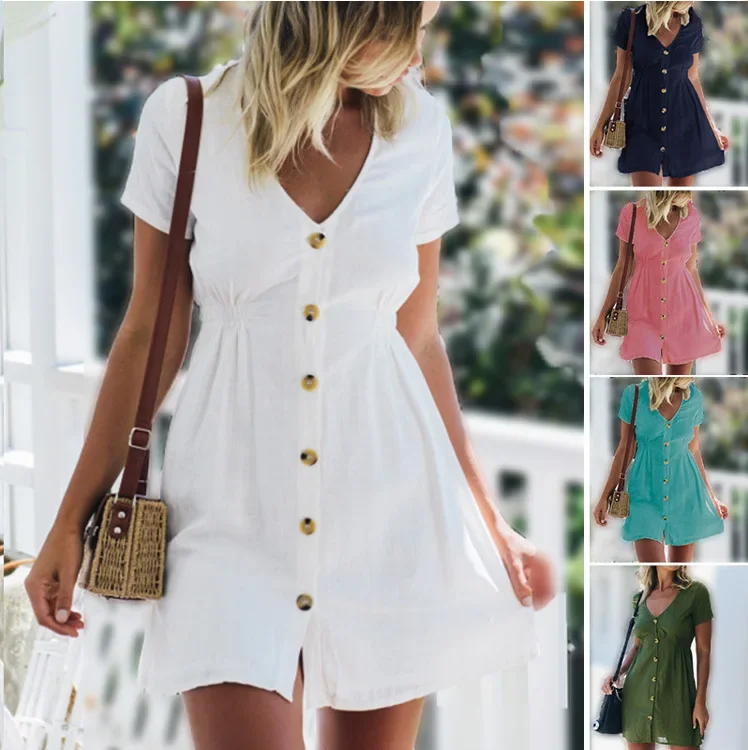 Simple Waist-Cinching Cotton Linen Dress Pure Color Button-Up Female Clothing Elegant Silhouette Fashionable Style