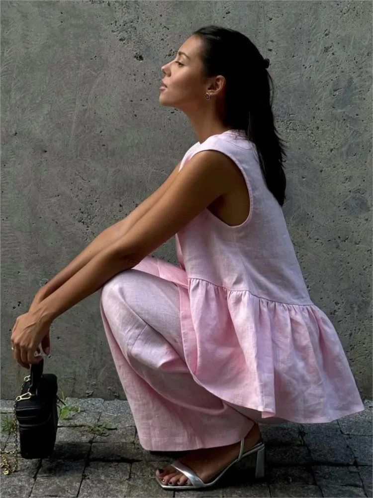 

Summer Fashion Pink Cotton Linen 2 Piece Set Women Chic Elegant Outfit Sleeveless Ruffles Tank Top And Loose Wide-leg Pants Sets