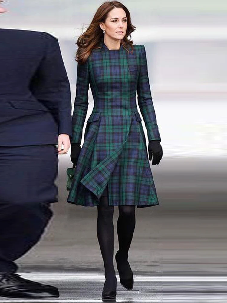 Princess Kate New Designer Spring Autumn Women's Midi Dress High Quality Elegant Vintage Party Office Casual Plaid Midi Dress