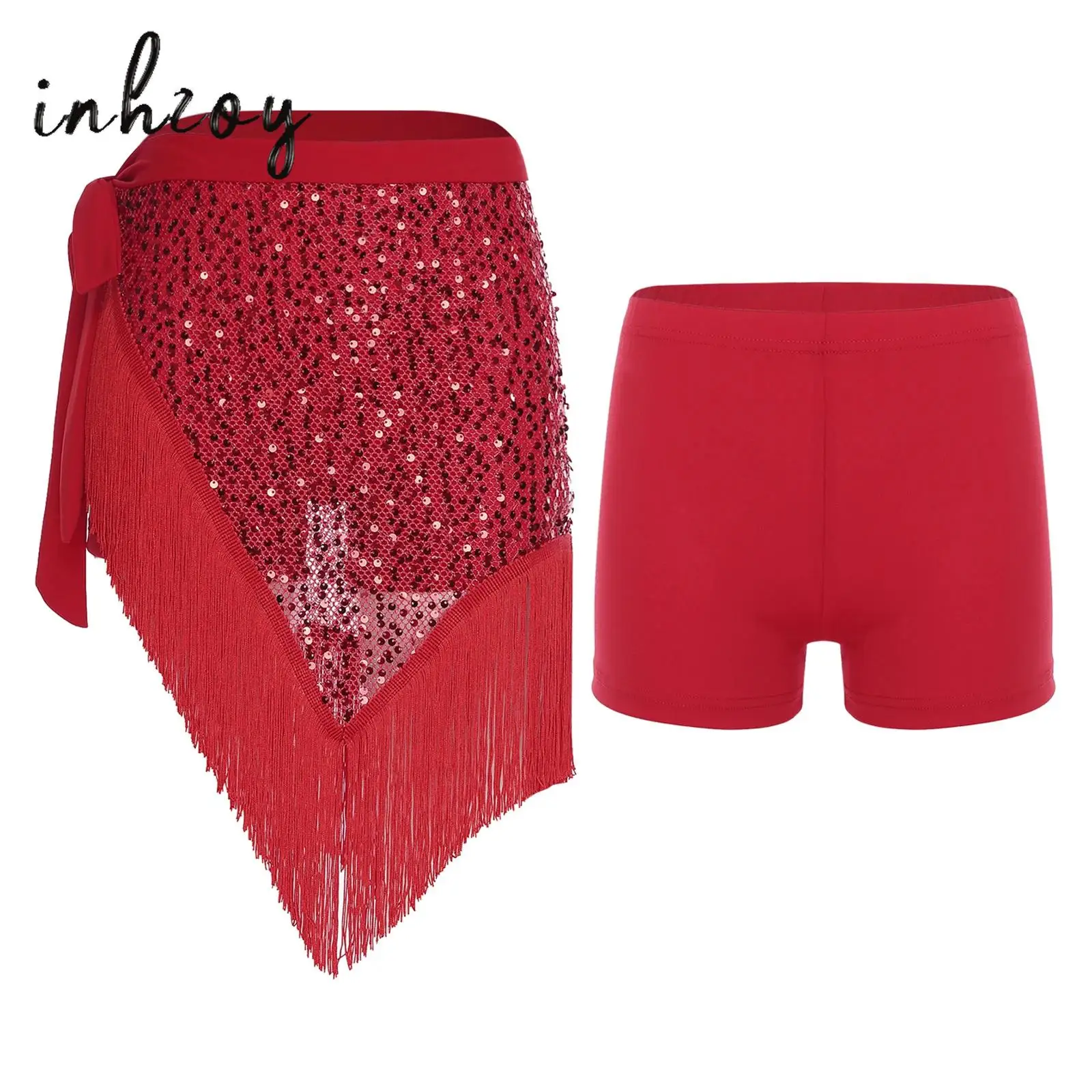 Sciarpa per danza del ventre da donna con pantaloncini di sicurezza Paillettes Nappa Trim Allacciatura laterale Gonna anca irregolare Pantaloncini Costume da ballo 2 pezzi