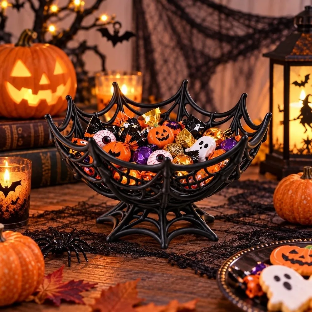 Hollow Out Halloween Spider Web Basket Creative Reusable Candy Basket Plastic Trick or Treat Decoration Snacks Bowl