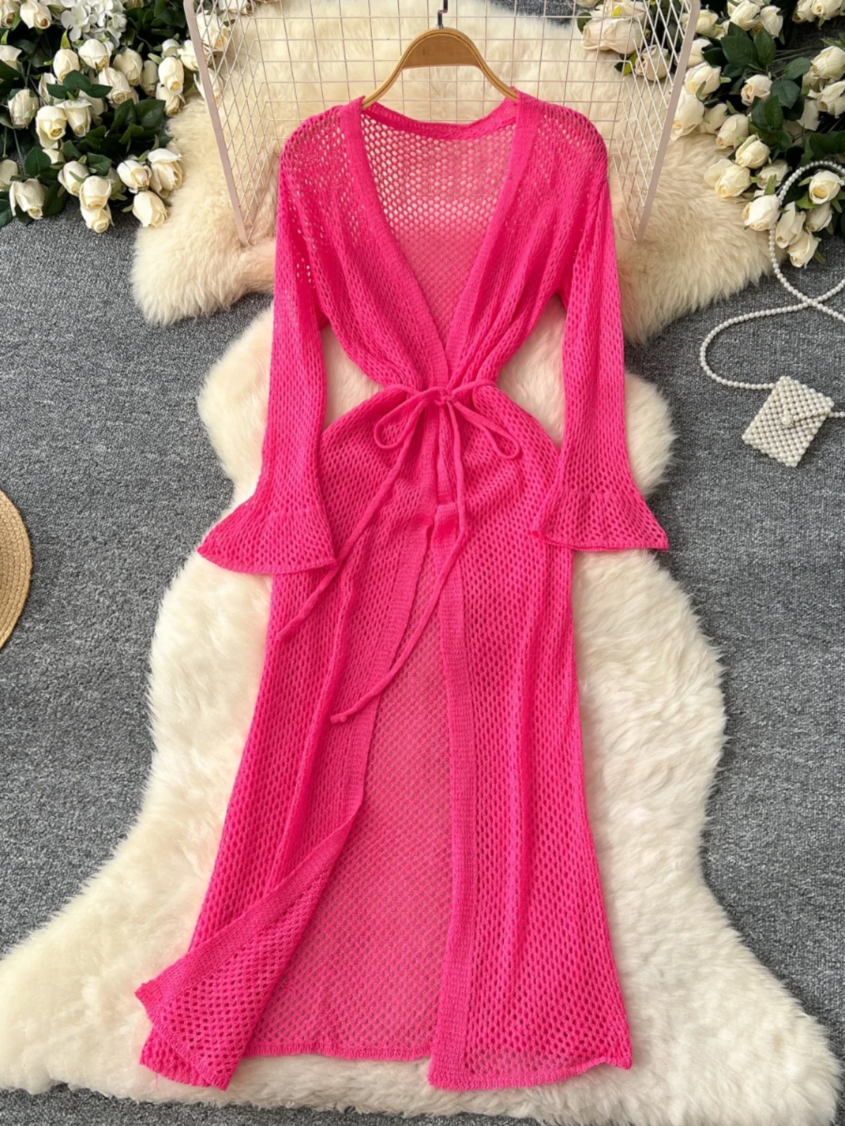 أنيقة الجوف خارج محبوك oulder التفاف المرأة أوائل الربيع مربوط الخصر تنوعا ملابس خارجية سترة طويلة الربيع تخفيف Sle