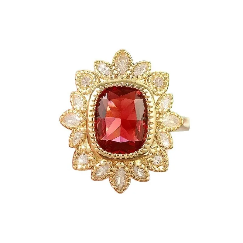 New Handmade Ins Style Creative Flower Ring Female Inlaid Red Cubic Zircon finger Daily Commuting Accessories
