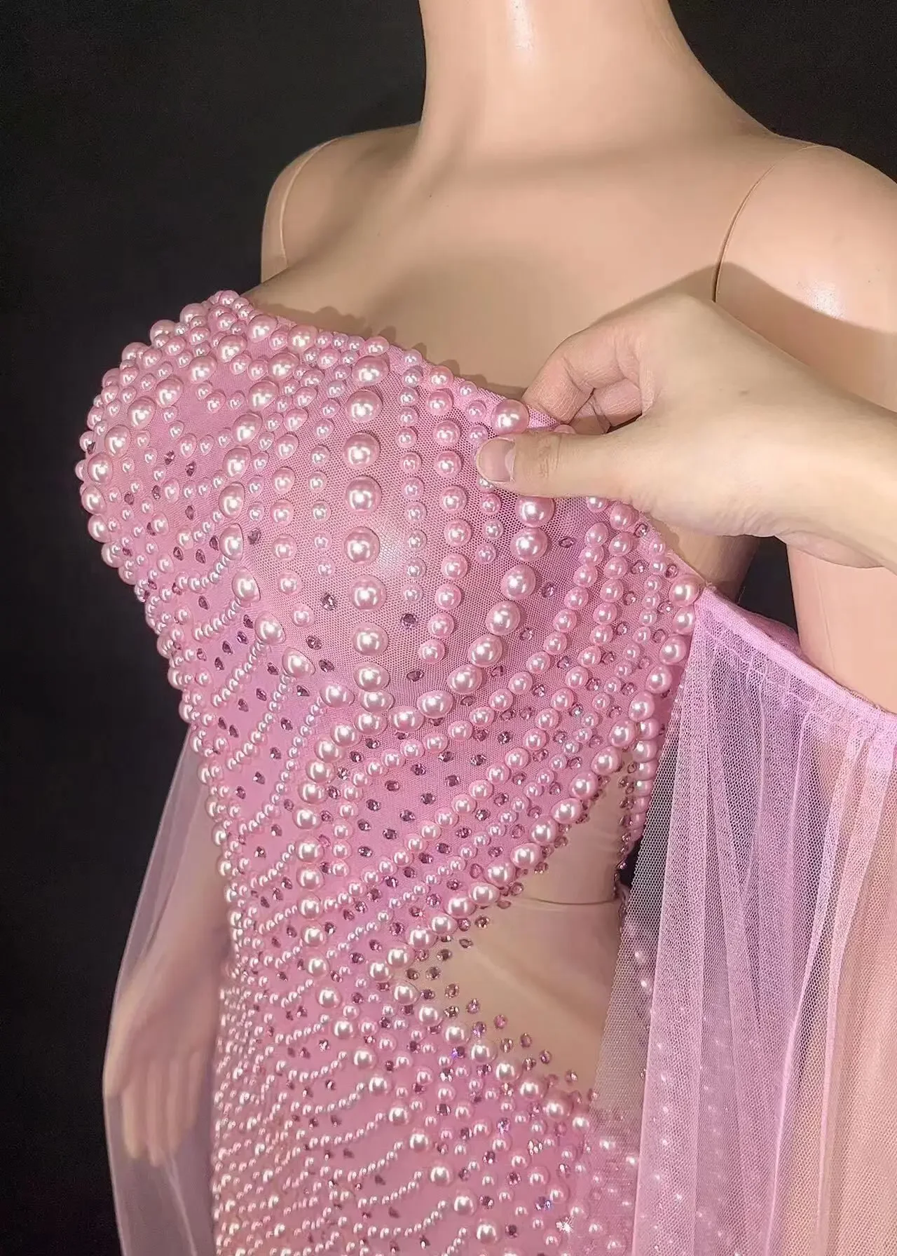 Robe de Soirée Transparente Sexy Sans Bretelles avec Perles, Tenue de Scène, Costume de Spectacle, de Bal, de Discothèque, de Bar, d'Anniversaire, de Chanteur