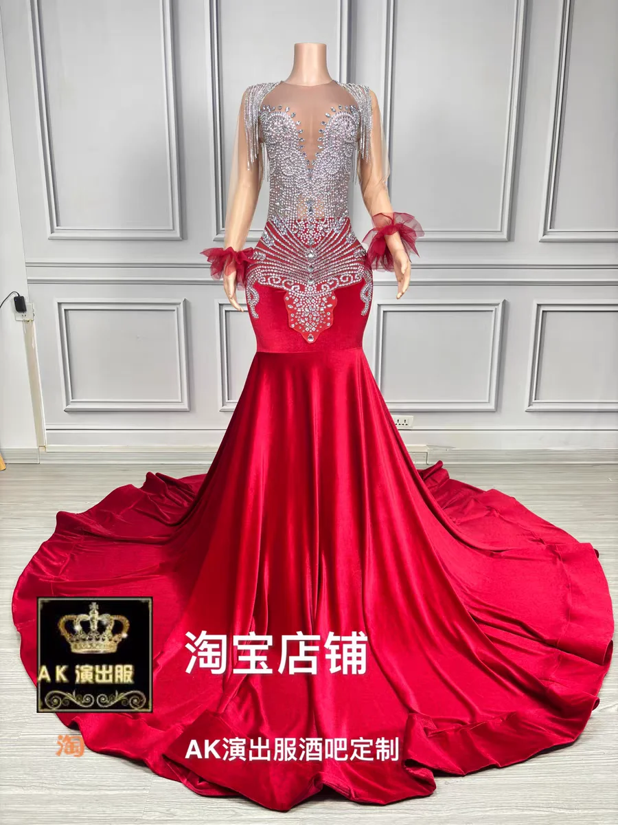 Full Diamond Pearl Perspective Tailed Long Dress Nightclub Bar Female Singer Dance Team Sexy Stage Costume Model Walking Show